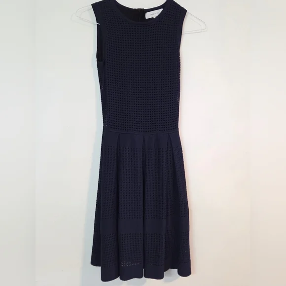 SOLD John + Jenn mesh overlay navy fit and flare dress Sz S - Picture 3 of 10
